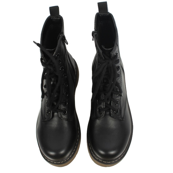 Black Faux Leather Lace Up Lug Sole Military Boot - Picture 3 of 8